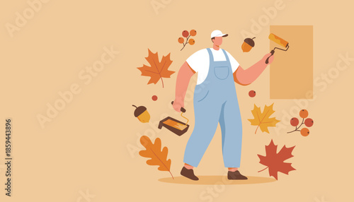 Man in overalls painting a wall surrounded by autumn leaves for seasonal home renovation