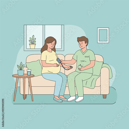 Nurse checking pregnant womans blood pressure during an athome prenatal appointment Illustration