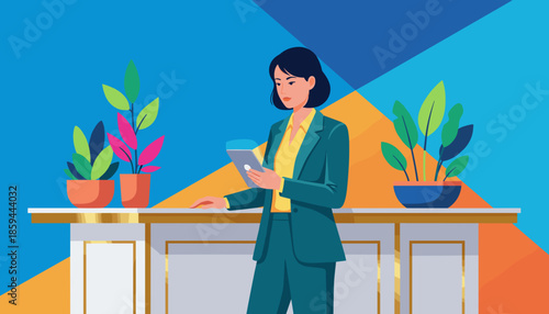 Businesswoman uses a digital tablet at a stylish reception counter Flat vector illustration