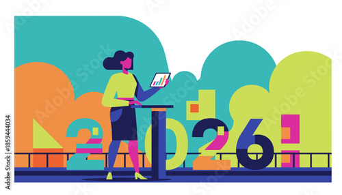 Professional woman reviewing financial data on a tablet Vibrant illustration for business analysis and planning