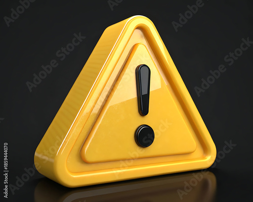 3D Yellow Warning Triangle Icon with Exclamation Mark on Black Background
