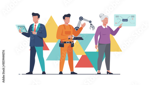 Diverse workforce featuring technology robotics business data and planning for the future