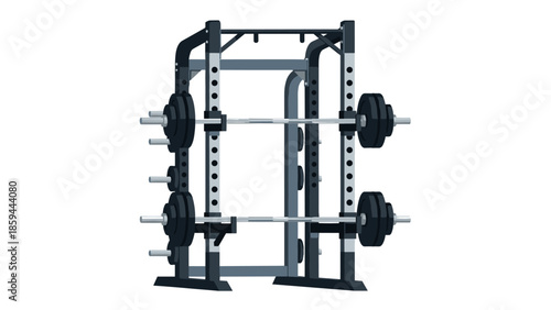 Modern gym equipment squat rack with weights and bars on white background