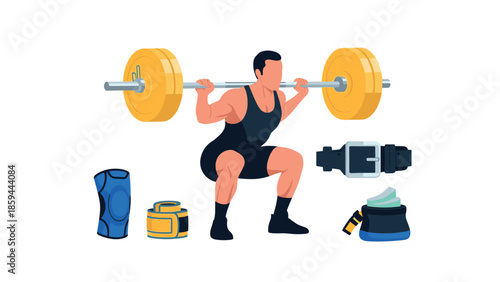 Weightlifting essentials: squat illustration with equipment in flat style