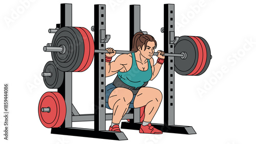 Strong woman powerlifting squat in gym with barbell focus on fitness and strength training