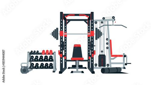Home gym equipment set with power rack, dumbbells, and cable machine in modern flat design