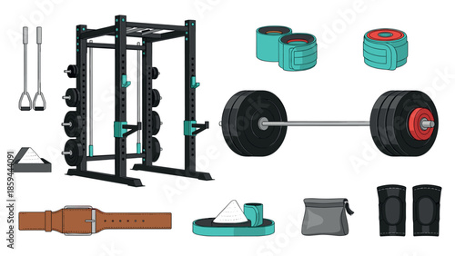 Home gym equipment collection: squat rack, weights, accessories in modern flat design