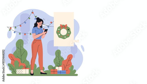 Woman feeling holiday stress using her phone near Christmas gifts and decorations