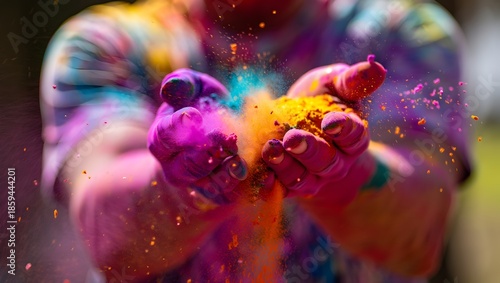 Happy Holi festival background with hands full of colorful powder splash for cinematic celebration poster and banner
