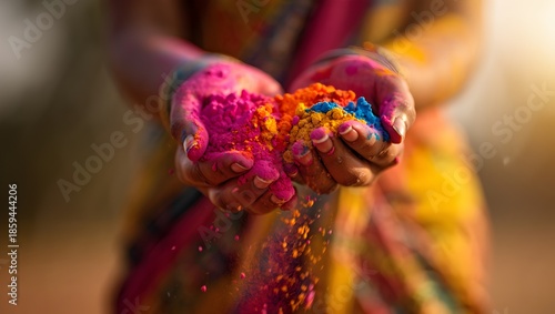 Happy Holi festival background with hands full of colorful powder splash for cinematic celebration poster and banner