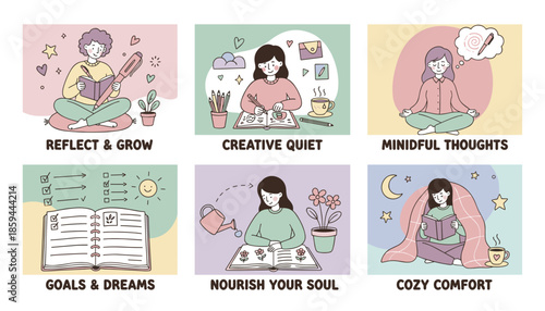 Doodle vector illustrations of selfcare and mental wellness routines like journaling reading and meditation