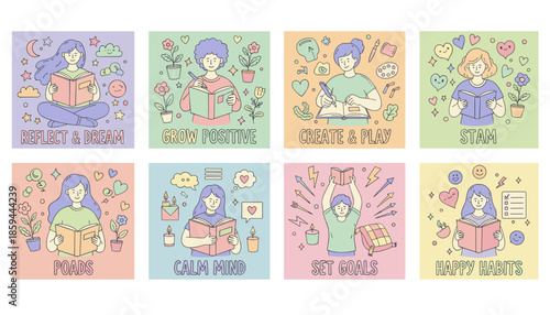 Set of cute illustrations for selfcare positive habits reading reflection and setting goals for personal growth