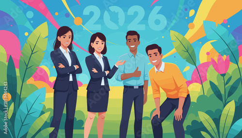 Confident diverse business team ready for 2026 success framed by vibrant nature and abstract colors