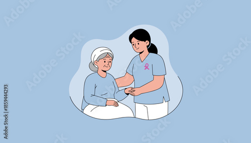 Nurse holding elderly patients hand with care Healthcare support and cancer awareness ribbon graphic