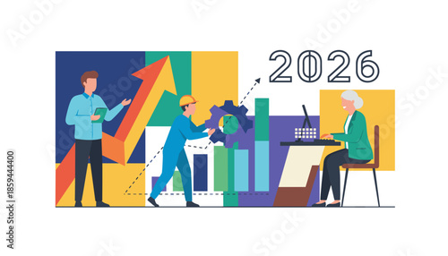 Business strategy planning for 2026 Team collaboration industrial growth management and finance illustration