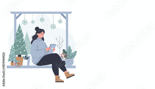 Woman using tablet by a cozy holiday window with Christmas trees and snowflakes