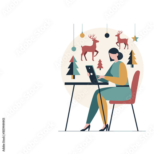 Woman using a laptop surrounded by modern Christmas illustrations working remotely during the holiday season