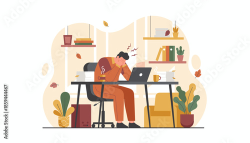 Burnout at the office Man holding his head overwhelmed by work and deadlines