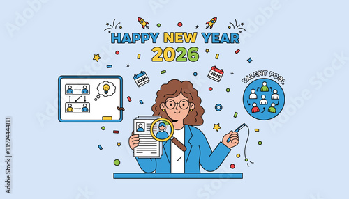 Happy New Year 2026 HR planning talent acquisition and successful business growth goals illustration