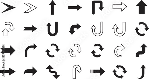 Collection of various black and white directional arrows and symbols