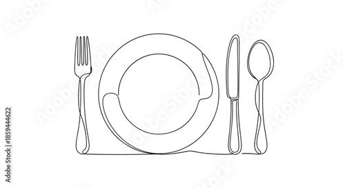 Minimalist continuous line art illustrates a complete table setting featuring a plate, fork, knife, and spoon.