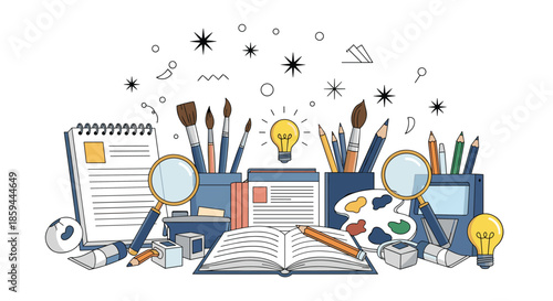 Creative desk setup displays various art supplies like brushes and paint alongside an open book and a light bulb.