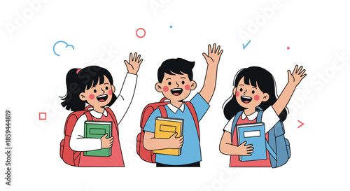 Three happy students with backpacks and books wave their hands enthusiastically in a friendly cartoon illustration.
