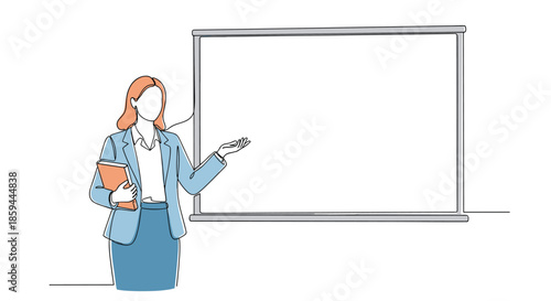 Professional woman teacher stands confidently next to a blank whiteboard while holding a textbook in a line art style.