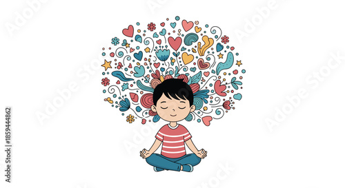 Boy meditates in a lotus pose while a burst of colorful flowers and symbols emerges from his peaceful mind.