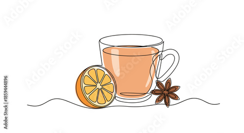 Steaming glass of herbal tea is accompanied by an orange slice and star anise in a refined line art drawing.