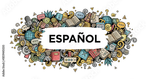 Spanish language theme is presented in a colorful doodle illustration with various traditional icons and symbols.