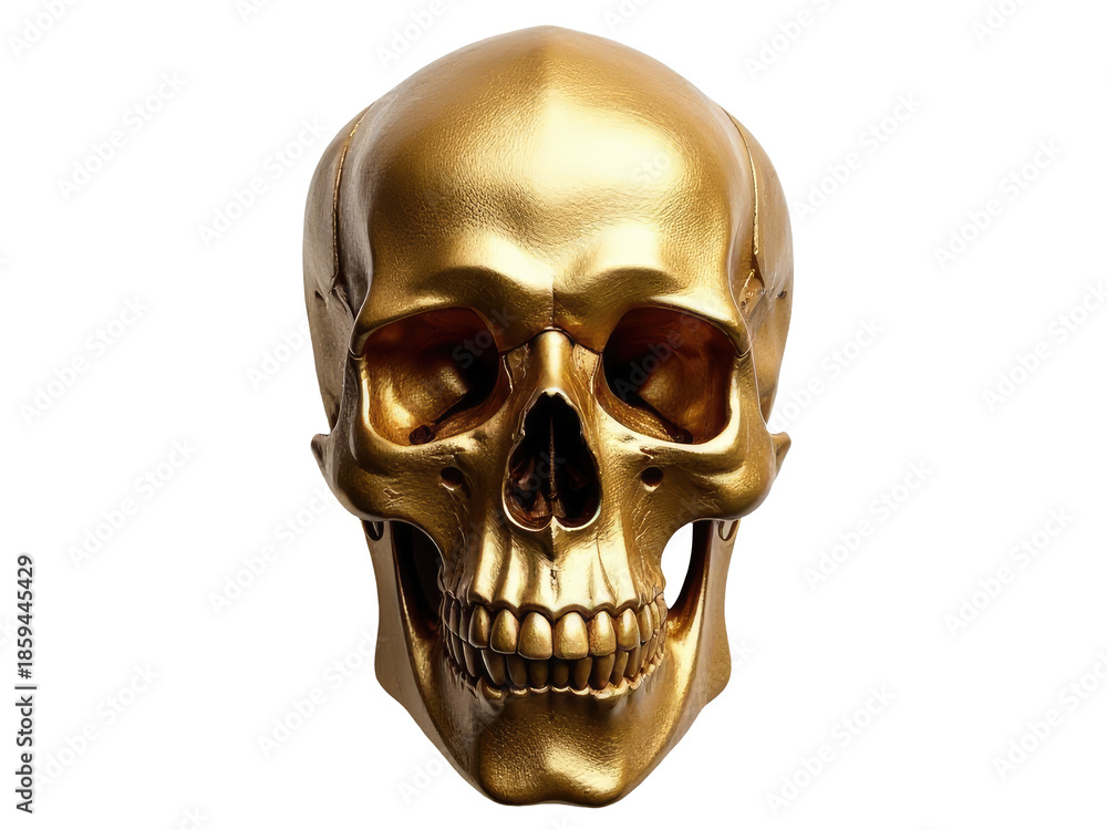 Fototapeta premium A golden skull with detailed features sits alone on a plain white background, perfect for use in design and art projects