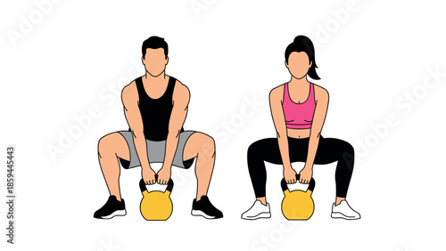 Fitness duo exercising with kettlebells in minimalist style