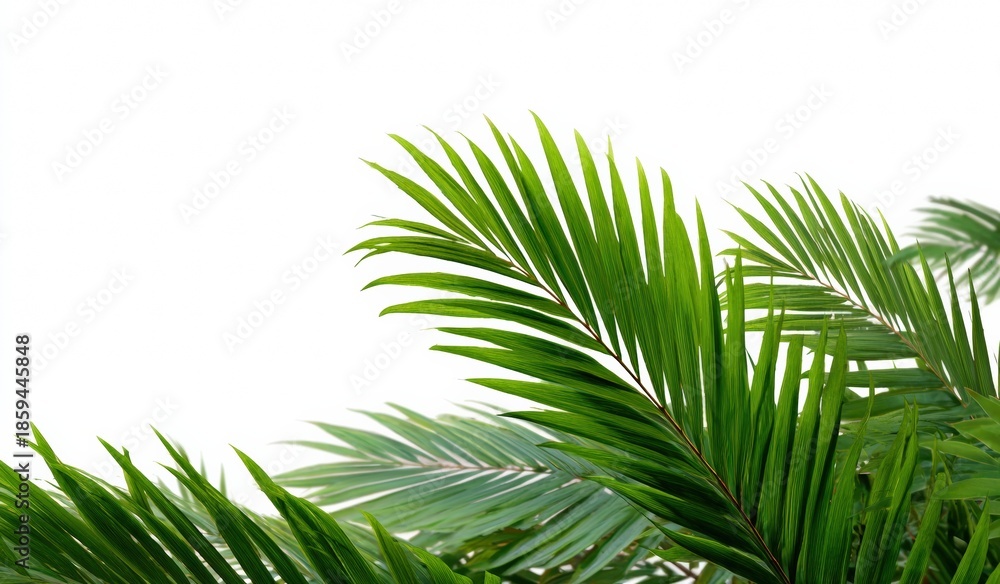 Fototapeta premium Lush green arching palm leaves against white background
