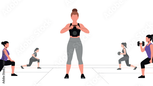 Women exercising in gym: fitness training with dumbbells and lunges