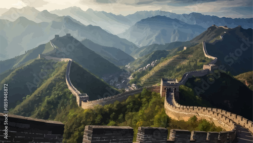 The Great Wall of China winding through misty mountains.