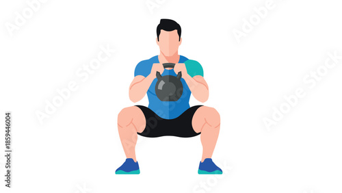 Flat design minimalist figure performing kettlebell squat exercise in modern fitness style
