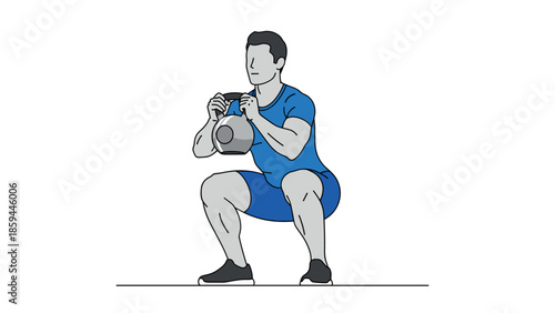 Man performing goblet squat exercise with kettlebell in minimalist style