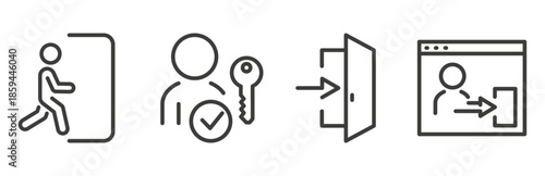 Entrance icon set, entrance successful, user key, user page, vector line art, account, open door