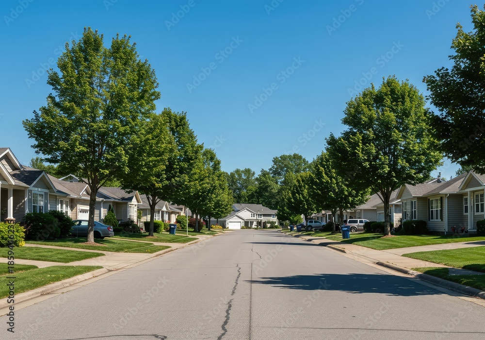 Obraz premium A quiet, tree-lined residential street features rows of similar single-family houses with green lawns and well-maintained driveways under a clear blue sky ,property ,peaceful ,quiet