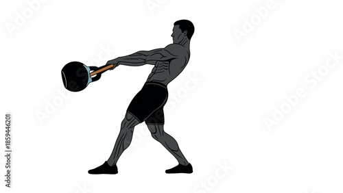 Silhouette of athletic man exercising with heavy kettlebell in dynamic pose