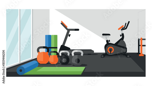 Modern home gym interior with equipment for fitness and exercise training