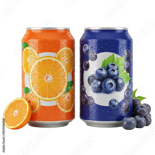 Two beverage cans, one orange flavored with oranges and one blueberry flavored with blueberries