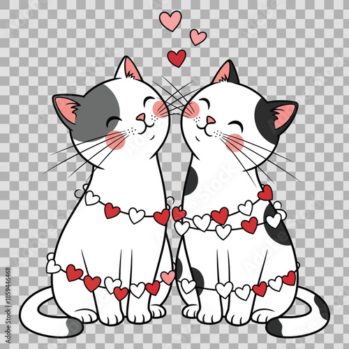 A cute cartoon illustration of a black cat and dog couple sharing a heart to show their love in this funny pet animal vector art drawing