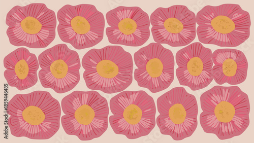 Pink flowers arranged in three rows on beige background, floral pattern, decorative illustration, vector graphics