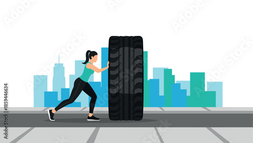 Woman exercising with tire in urban setting for fitness motivation