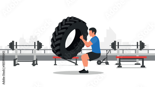 Man lifting tire at outdoor gym with fitness equipment background