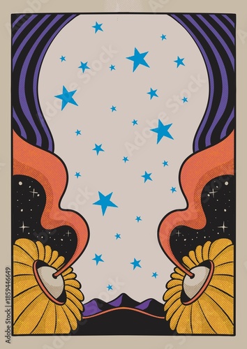 Psychedelic trippy vintage retro poster frame illustration