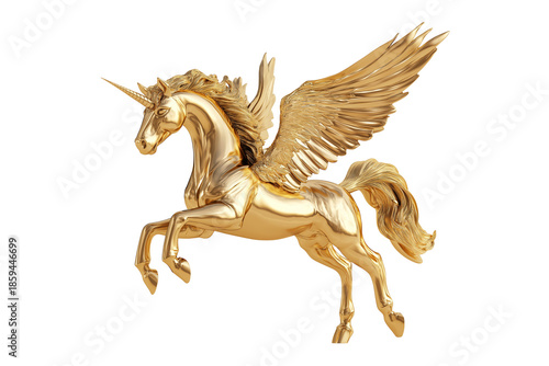 Metallic Golden Pegasus Statue Isolated on Transparent Background