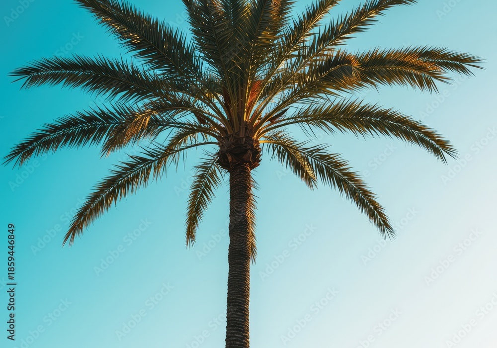 Obraz premium A vibrant tropical palm tree silhouette stands tall against a stunning bright blue sky, invoking feelings of summer vacation and warm weather ,beach ,destination ,growth